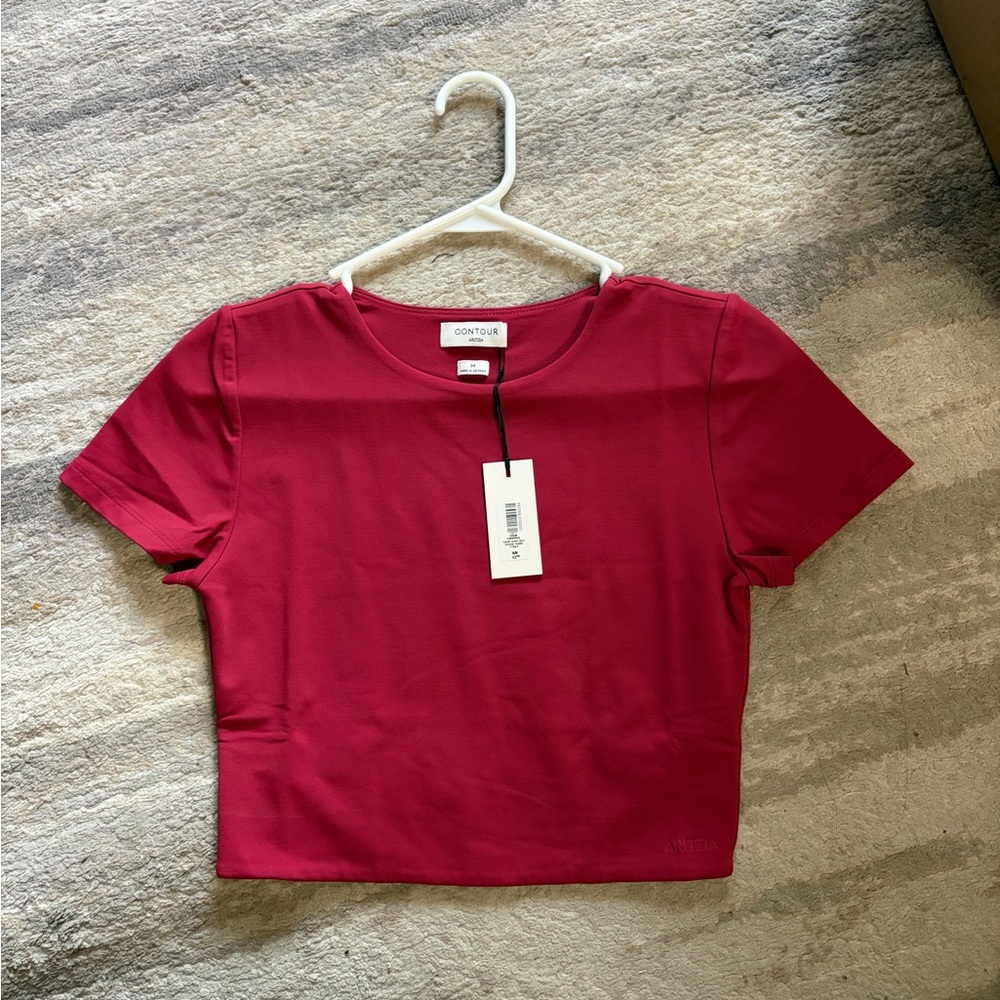 Aritzia contour crew neck cropped shot sleeve dark ruby red M
